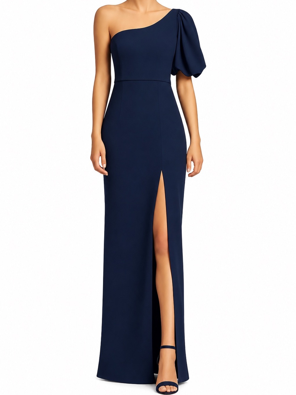 Sachin + Babi Navy One-Shoulder Gown with Puff Sleeve and High Slit